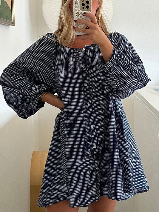 Cotton Button Up Puff Sleeve Dress
